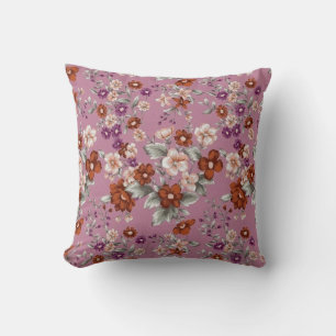 Röda och Rosa blommor på Lila Mönster Kudde