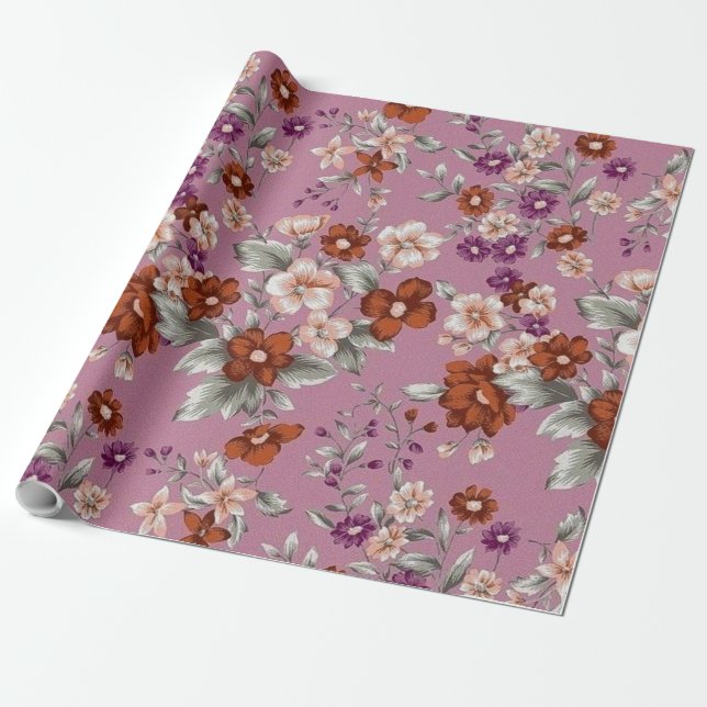 Röda och Rosa blommor på Lila Mönster Presentpapper (Utrullad)