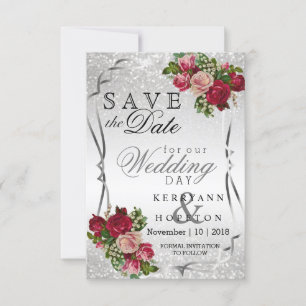 Röda och Rosa Flowers & Silver Glitter Spara Datumet