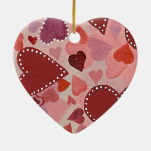 Röda och rosa hjärtan julgransprydnad keramik