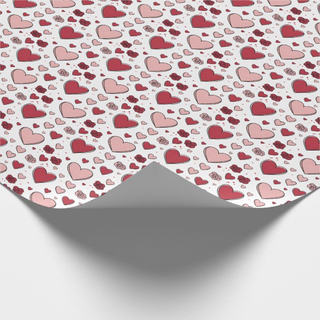 Röda och rosa hjärtan och rosor Doodle-konst Presentpapper (Hörn)