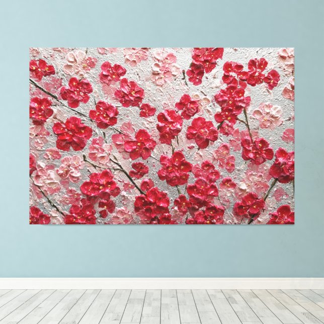 Röda och rosa körsbärsblommor – Impasto Väggkonst Canvastryck (Insitu (trägolv))