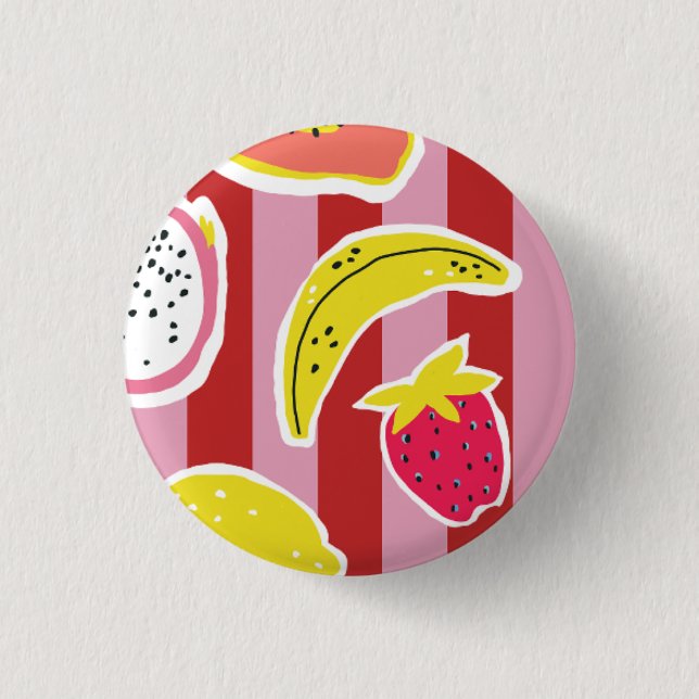 röda och rosa ränder med tropisk frukt knapp (Framsida)