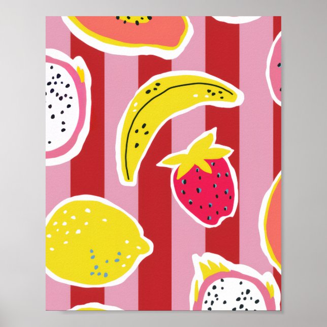röda och rosa ränder med tropisk frukt poster (Framsidan)