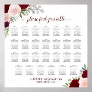 Röda och Rosa ros 27 sittplatsplan för Bröllop i B Poster