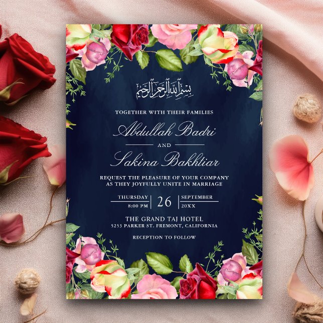 Röda och Rosa ros Blommigt, marinblå muslimsk Bröl Inbjudningar (Skapare uppladdad)