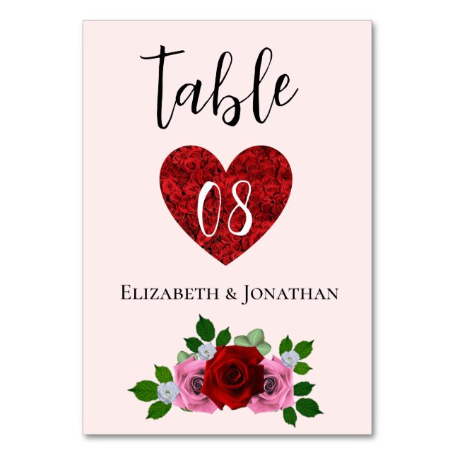 Röda och Rosa ros Bröllop Bordsnummer (Framsidan)