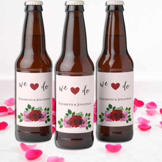 Röda och Rosa ros Bröllop Ölflaska Etikett (Skapare uppladdad)