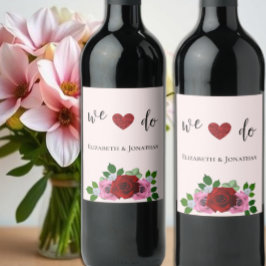 Röda och Rosa ros Bröllop Vinflaska Etikett