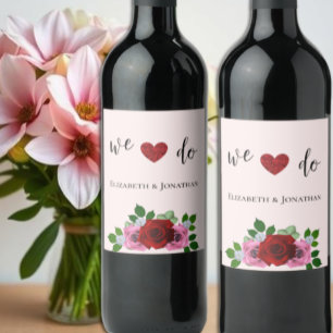 Röda och Rosa ros Bröllop Vinflaska Etikett