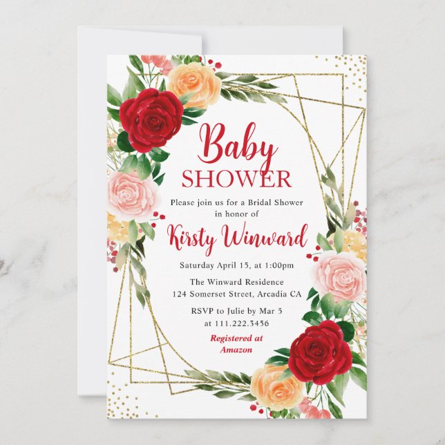 Röda och rosa rosor & guld ram Baby Shower Inbjudningar (Framsida)