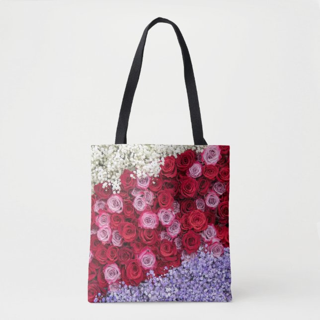 Röda och rosa rosor med färgglad gipsört tygkasse (Framsida)