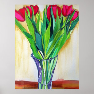 Röda och Rosa tulpaner vattenfärgsblommor Poster