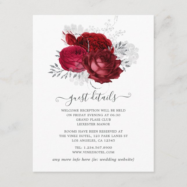 Röda och silver blommande bröllopsgäst detaljer tilläggskort (Framsida)