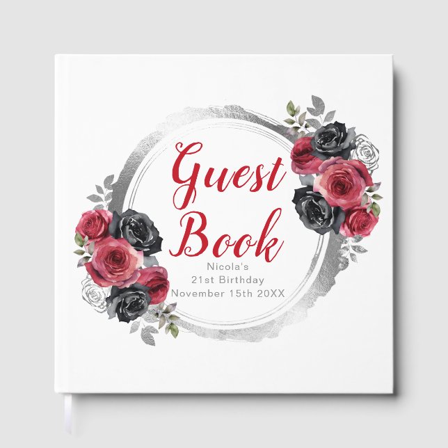 Röda och silver eleganta blommor födelsedagsfest gästböcker (Framsida)