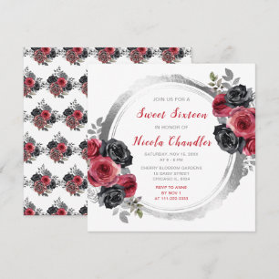 Röda och silver eleganta blommor Sweet Sixteen Inbjudningar