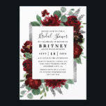 Röda och Silver Land Burgundy Ro Möhippa Inbjudningar<br><div class="desc">Konstruktionen har vattenfärgpeony och ro blommigt inslag i röda och burgunda nyanser över eukalyptus botaniska grey. Mallen innehåller också en utskriven ruta för färgad av silver eller grått för en utökad elegant. Typografin visningar en modern layout med svart text. Visa samlingslänken på den här sidan om du vill söka efter...</div>