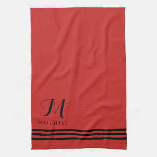 Röda och svart sofistikerade randar och Monogram Kökshandduk
