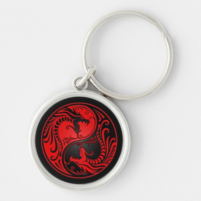 Röda och svart Yin Yang drakar Rund Silverfärgad Nyckelring (Framsidan)