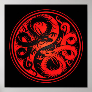 Röda och svart Yin Yang kinesdrakar Poster