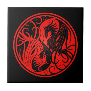 Röda och svart Yin Yang Phoenix Kakelplatta