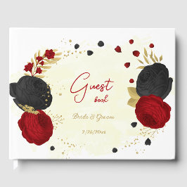 Röda och svarta blommor guld botaniska bröllop gästböcker