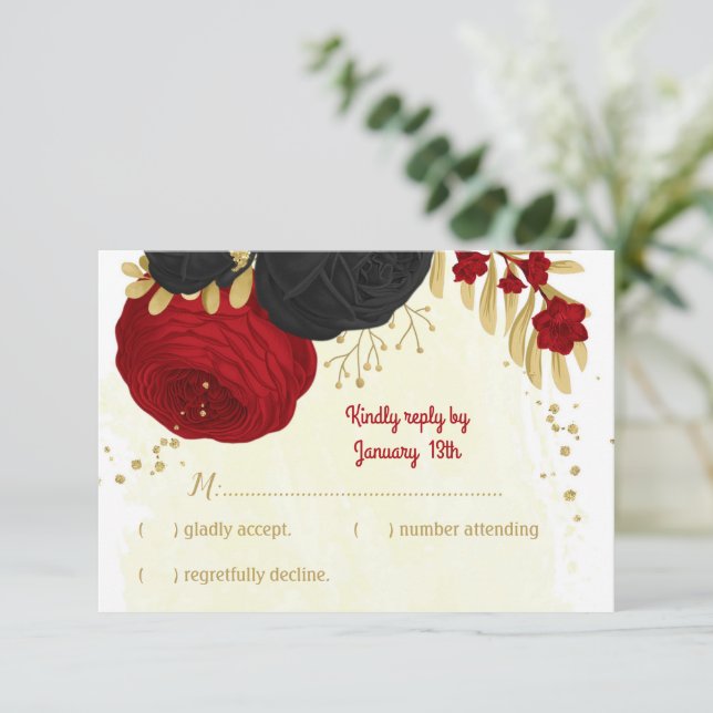 Röda och svarta blommor guld botaniska bröllop OSA kort (Stående Fram)