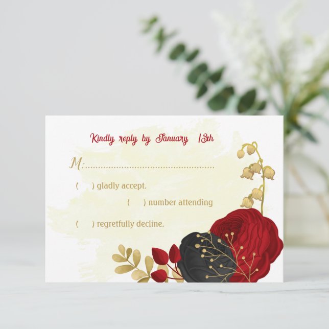 Röda och svarta blommor guld botaniska bröllop OSA kort (Stående Fram)