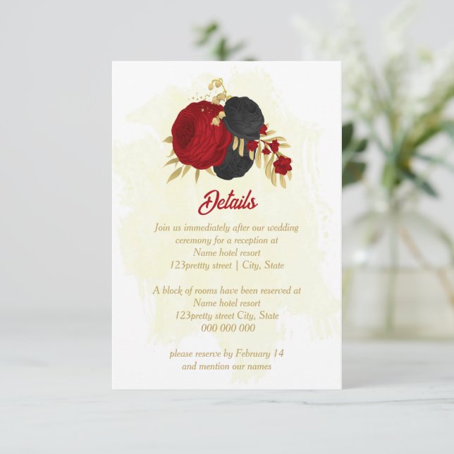 Röda och svarta blommor guld botaniska bröllop tilläggskort (Stående Fram)