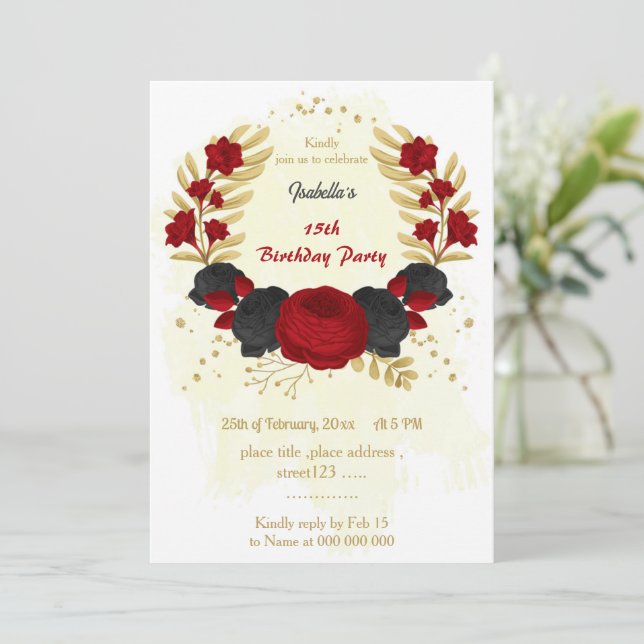 Röda och svarta blommor guld födelsedagsfest inbjudningar (Stående Fram)