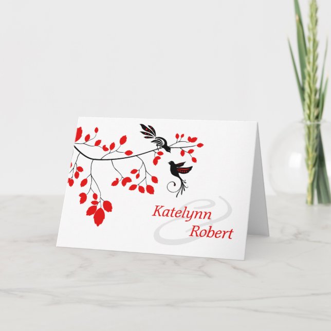 Röda och svarta fåglar på Gren Elegant Tack Kort (Framsida)