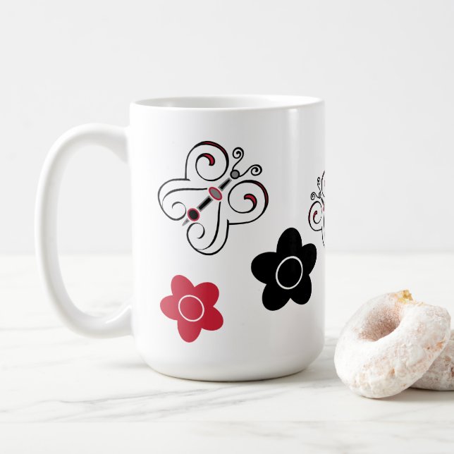 Röda och svarta fjärilar och positioner kaffemugg (Med munk)