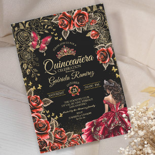 Röda och svarta gyllene tiara rosor Quinceañera Inbjudningar