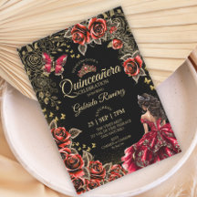 Röda och svarta Quinceañera gyllene tiara rosor