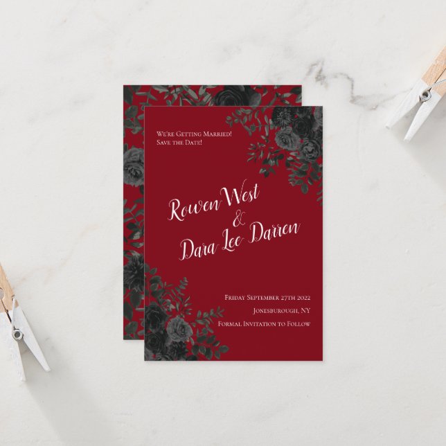 Röda och svarta Ro gotiic Bröllop spara datum Inbjudningar (Fram/Back In Situ)
