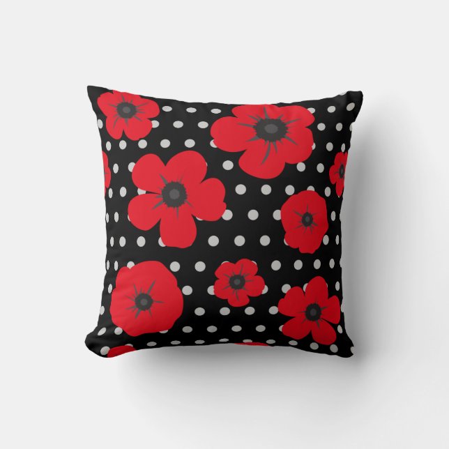 Röda och svarta vallmo och polka Dot Mönster Kudde (Framsida)