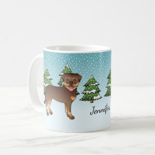 Röda och Tan Rottweiler hundar i en vinterskov Kaffemugg