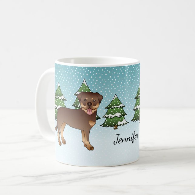 Röda och Tan Rottweiler hundar i en vinterskov Kaffemugg (Framsida vänster)