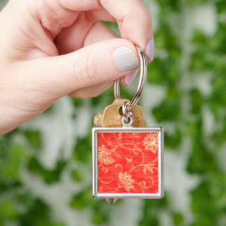 Röda och vita Blommigtar Fyrkantig Silverfärgad Nyckelring