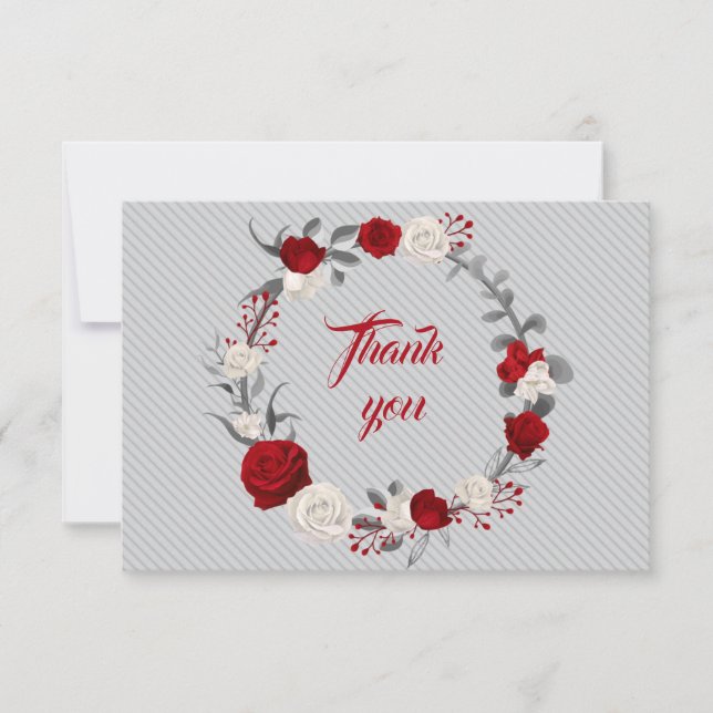 Röda och vita blommor grått löv andedräkt tack kort (Framsida)