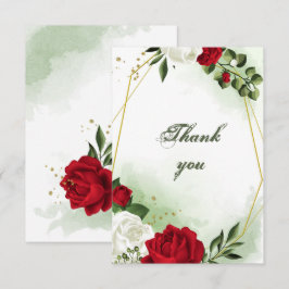 Röda och vita blommor, grön guld-geometri tack kort