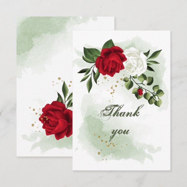 Röda och vita blommor, grönska tack kort (Fram/baksida)