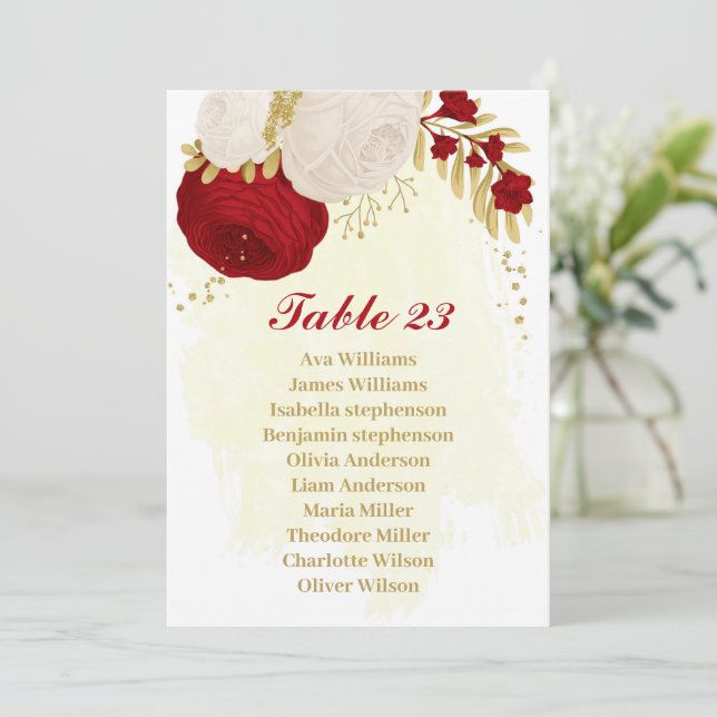 Röda och vita blommor guld-platskort inbjudningar (Stående Fram)