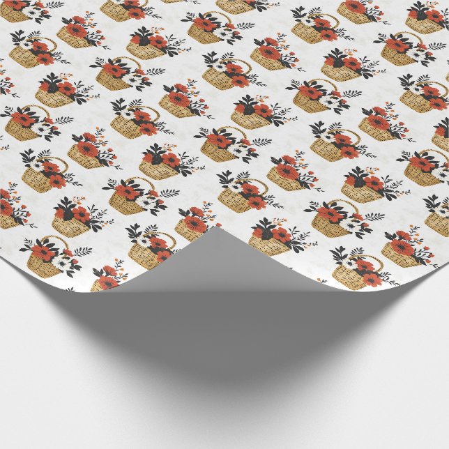 Röda och vita blommor i Basket på vita Presentpapper (Hörn)
