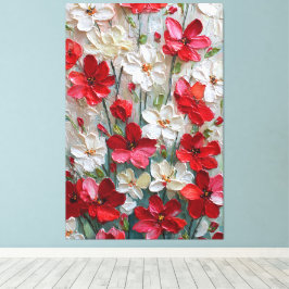 Röda och vita blommor med gröna stjälkar Impasto Canvastryck