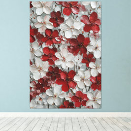 Röda och vita blommor på grå bakgrund Impasto Canvastryck