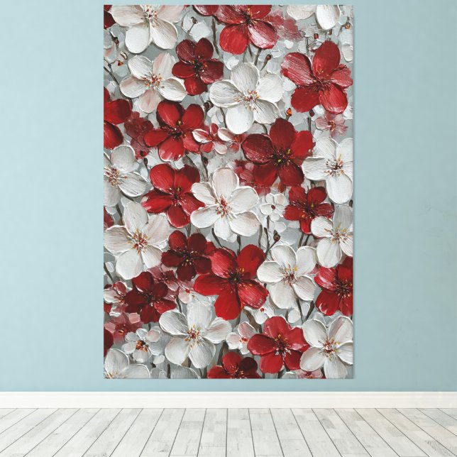 Röda och vita blommor på grå bakgrund Impasto Canvastryck (Insitu (trägolv))