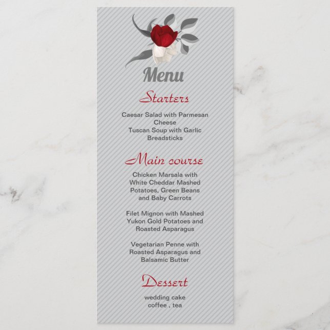 Röda och vita blommor silver löv bröllop meny (Framsida)