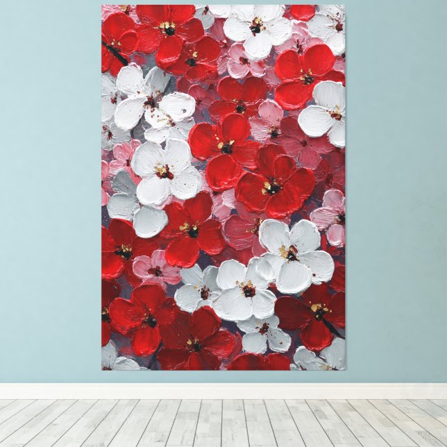 Röda och vita blomster Impasto Väggkonst Canvastryck (Insitu (trägolv))