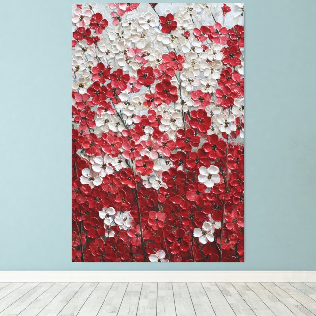 Röda och vita blomster Impasto Väggkonst Canvastryck (Insitu (trägolv))